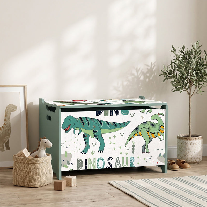 Closed green dinosaur toy chest in a living space beside a basket