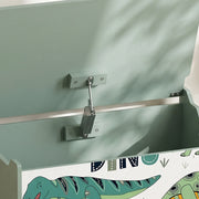 Close-up of the security hinge supporting the open lid of the green toy chest