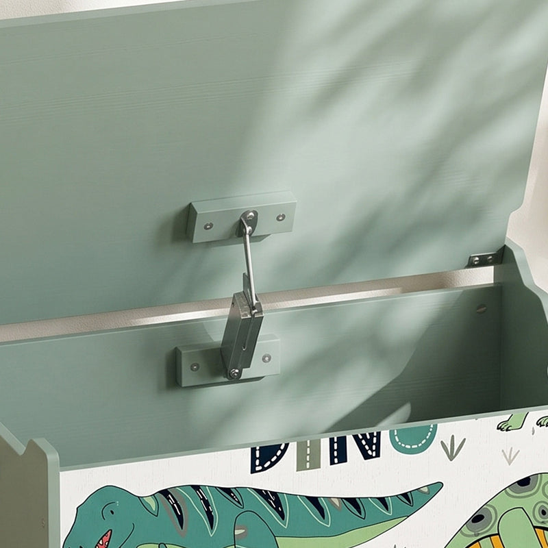 Close-up of the security hinge supporting the open lid of the green toy chest