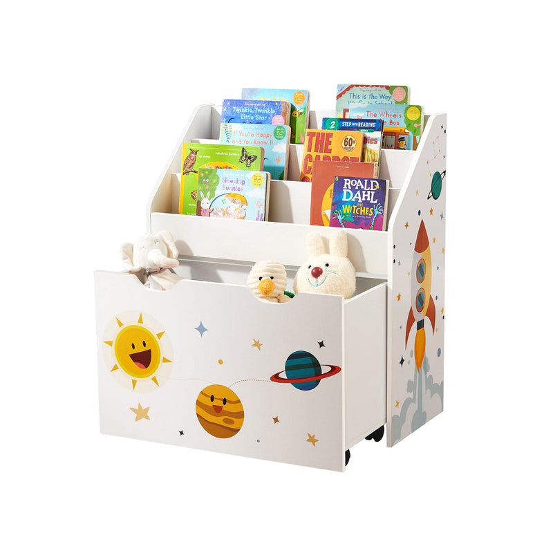 Songmics white toy organiser holding picture books above and soft toys in the rolling box