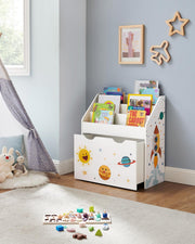 Toy organiser against a blue-grey wall with the storage box pushed in underneath