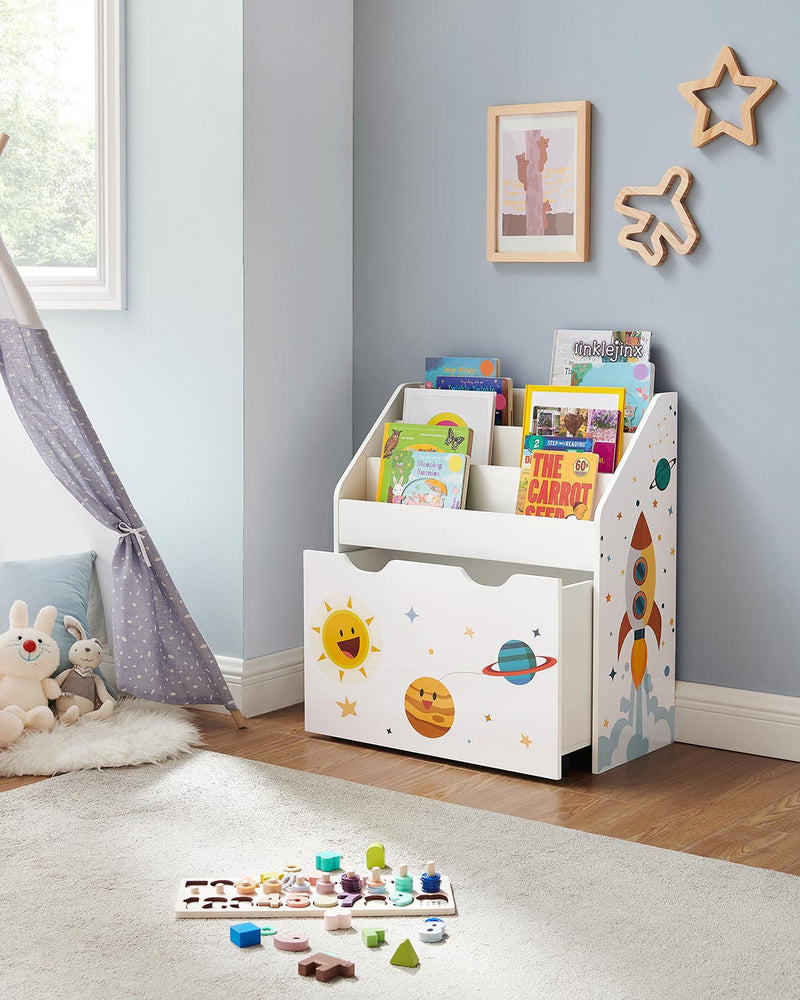 Toy organiser against a blue-grey wall with the storage box pushed in underneath