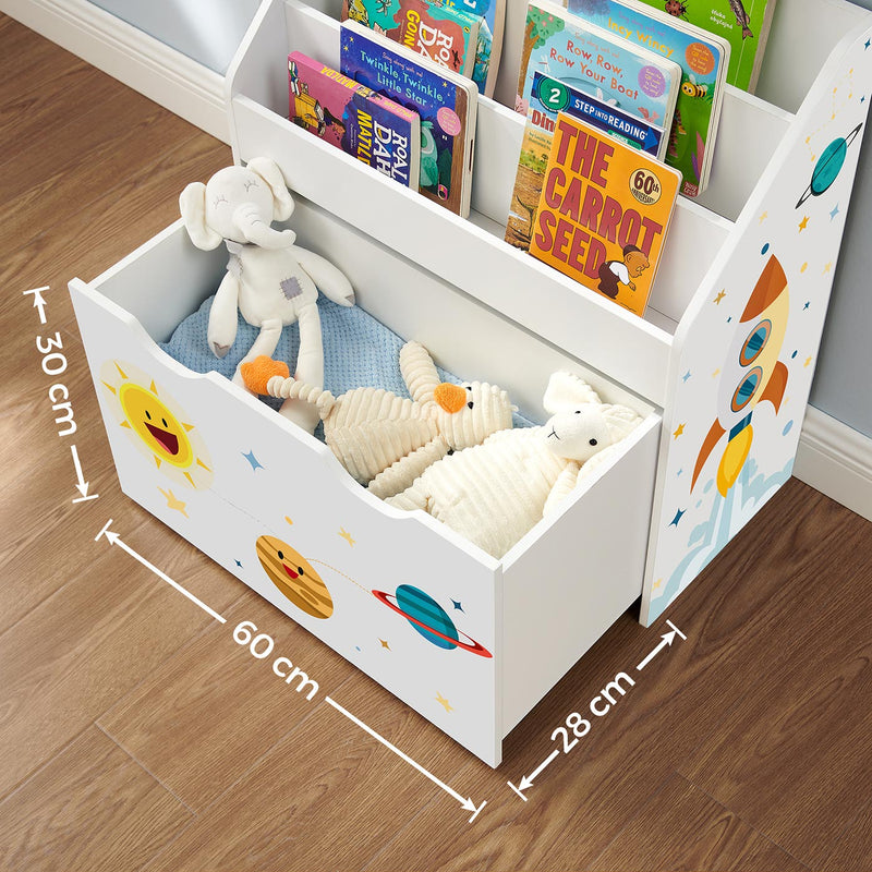 Close-up of the open storage box with 60 cm and 30 cm measurements marked