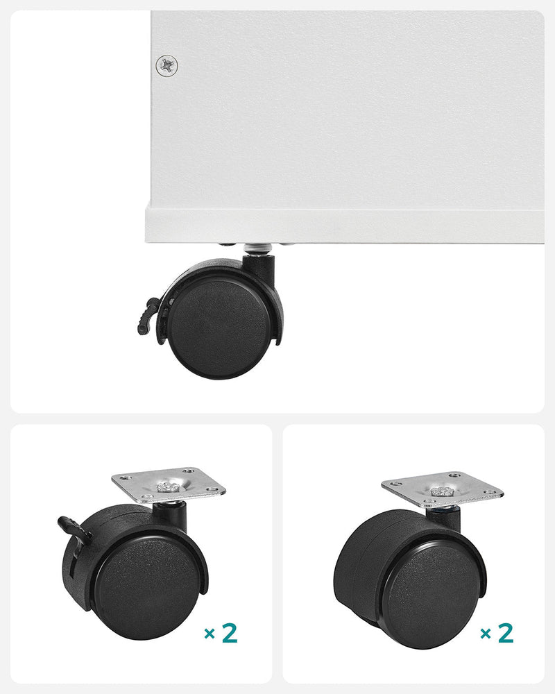 Close-up of a braked castor under the box, with the four supplied castors shown