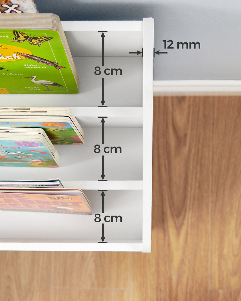 Shelf detail showing the 8 cm gap between each of the three tiers and 12 mm panels