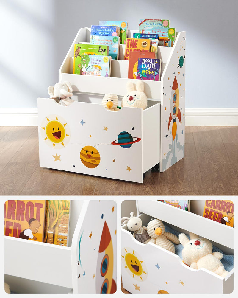 The organiser in a child's room with insets of the book shelves and the filled toy box