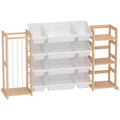Kids toy storage unit with 12 white bins, plush toy basket and 3 open shelves on a white background