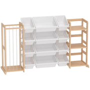 Kids toy storage unit with 12 white bins, plush toy basket and 3 open shelves on a white background