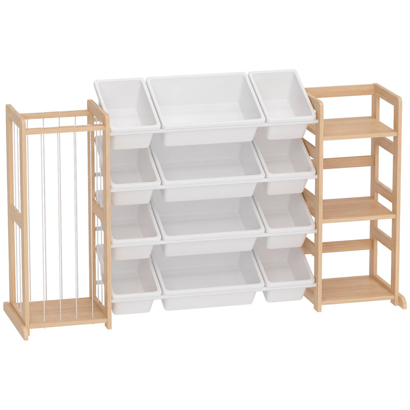 Kids toy storage unit with 12 white bins, plush toy basket and 3 open shelves on a white background