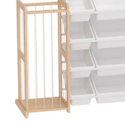 Plush toy basket frame with elastic cords beside the bins on a white background