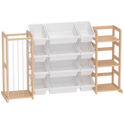 Kids toy storage unit with 12 white bins, plush toy basket and 3 open shelves on a white background