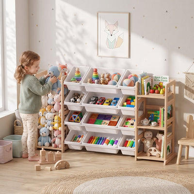 Child placing a stuffed toy into the plush toy basket of the wooden toy storage unit