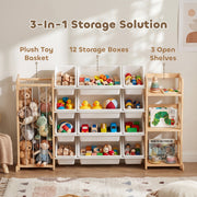 3-in-1 storage graphic showing the plush toy basket, 12 storage boxes and 3 open shelves