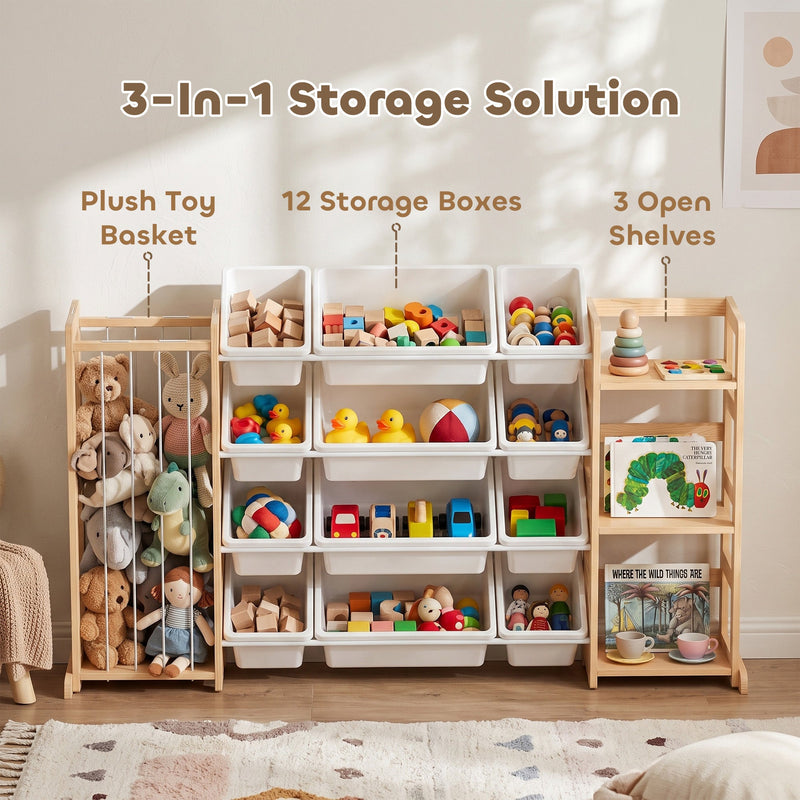 3-in-1 storage graphic showing the plush toy basket, 12 storage boxes and 3 open shelves