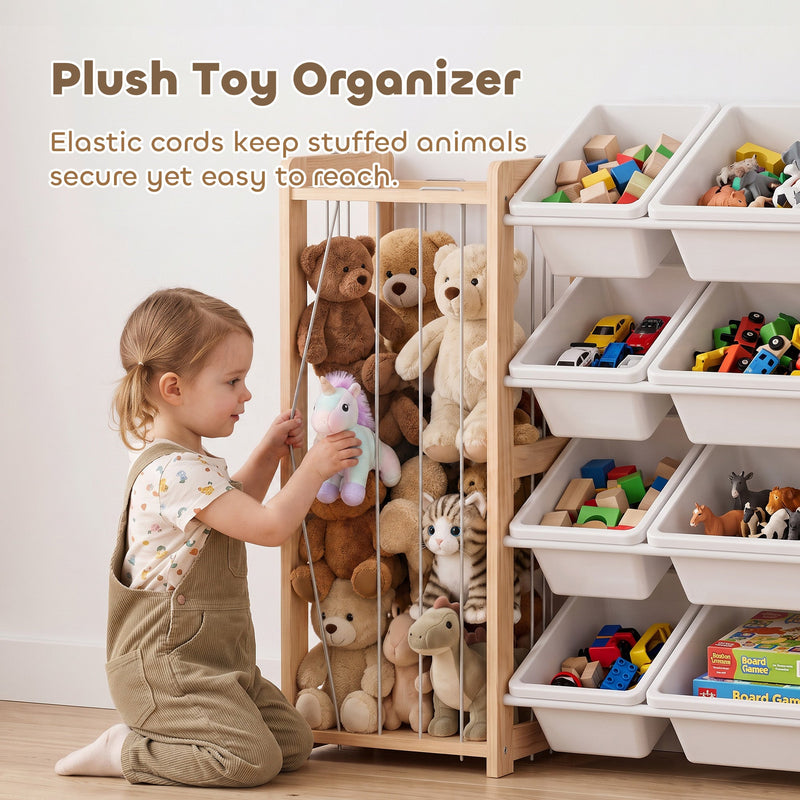 Elastic cords holding stuffed animals in the plush toy basket beside a child