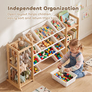 Child sorting building blocks into a bin from the open toy storage unit