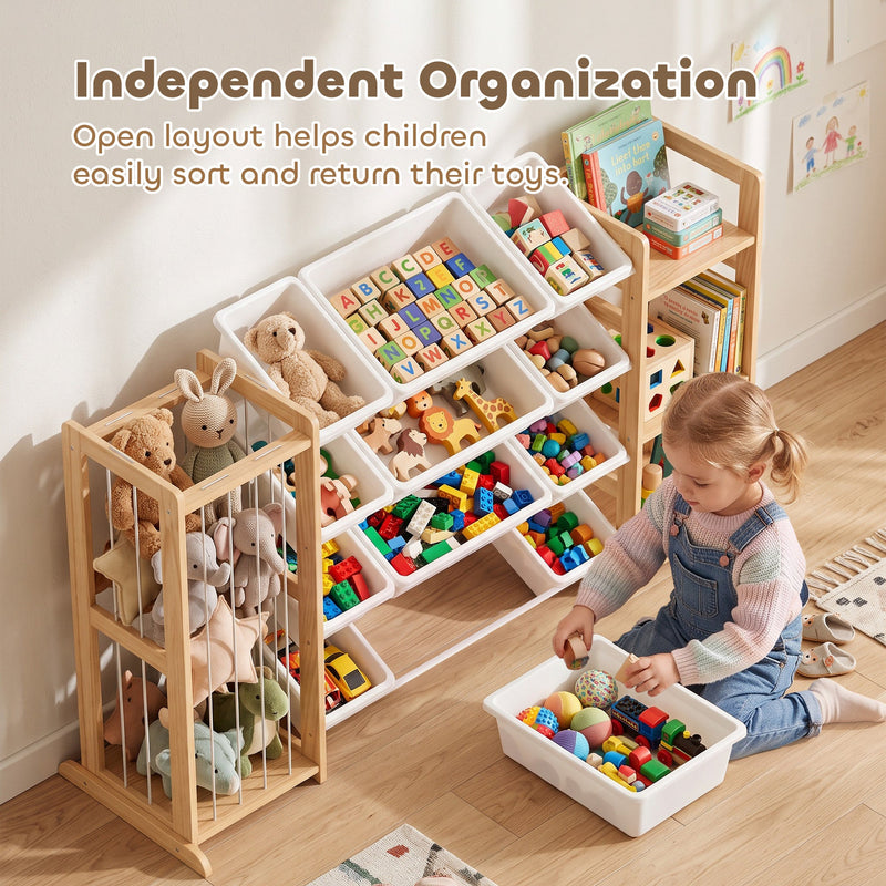 Child sorting building blocks into a bin from the open toy storage unit