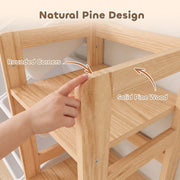 Close-up of rounded natural pine corners on the toy storage unit frame