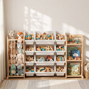 Toy storage unit filled with plush toys, wooden toys and books in a bright playroom