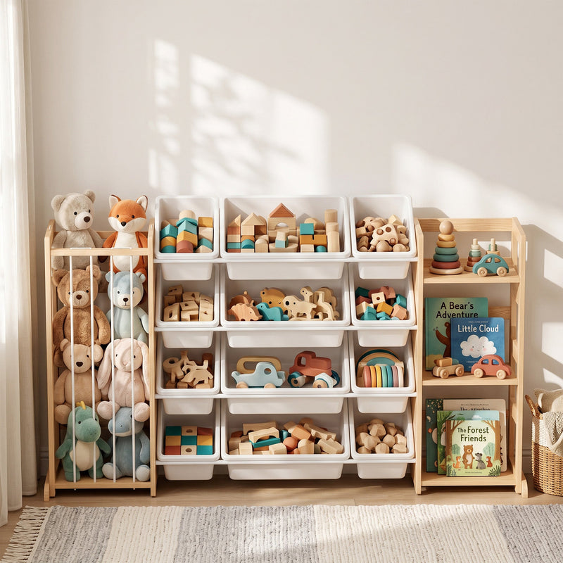 Toy storage unit filled with plush toys, wooden toys and books in a bright playroom
