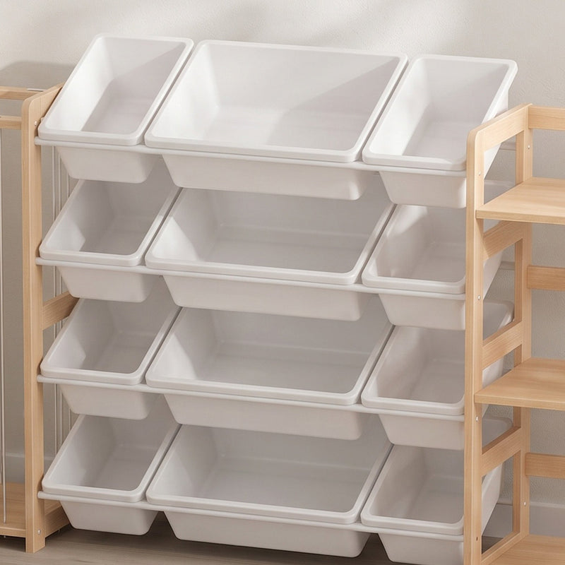 Close-up of 4 rows of white removable bins next to the open shelves