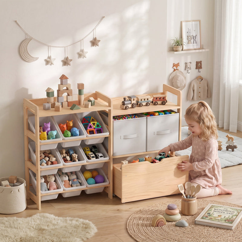Child sitting beside the toy storage unit in a bright playroom with toys in the bins