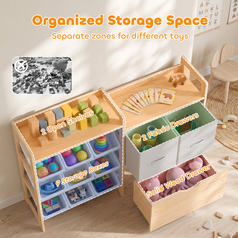 Storage graphic labelling the 2 open shelves, 9 storage boxes, 2 fabric drawers and solid wood drawer
