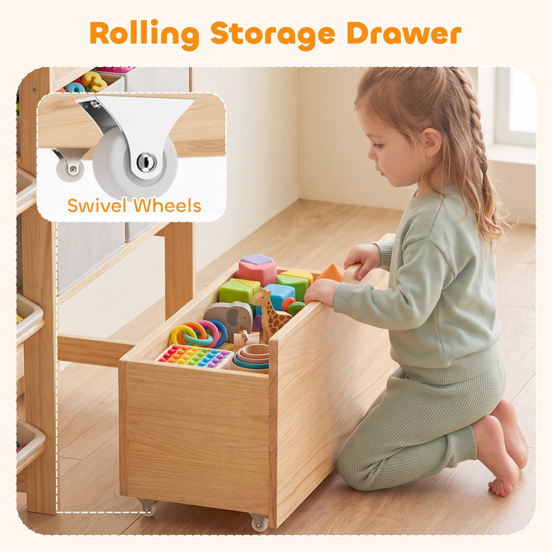 Child kneeling beside the rolling wooden drawer with a close-up of its swivel wheel