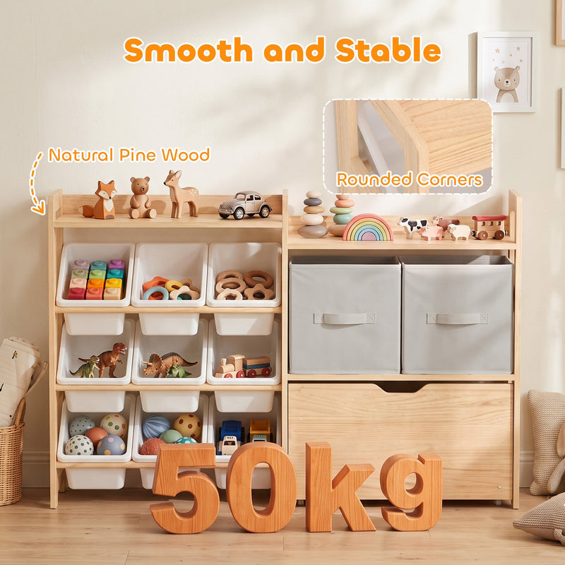 Storage unit filled with toys, with natural pine and rounded corner close-up and 50 kg capacity graphic