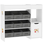 Front view of the toy storage unit with nine fabric bins and a stickered cabinet door, studio shot
