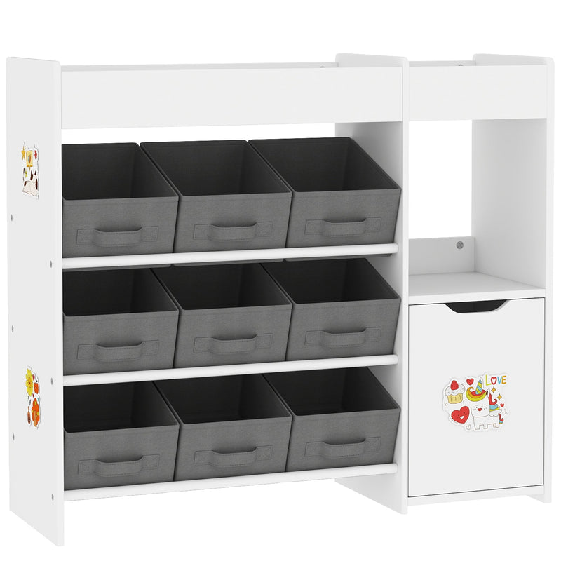 Front view of the toy storage unit with nine fabric bins and a stickered cabinet door, studio shot