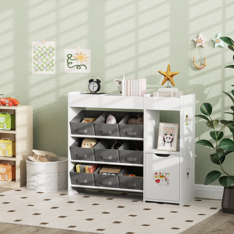 Toy storage unit filled with toys and books in a sunny playroom beside a low shelf