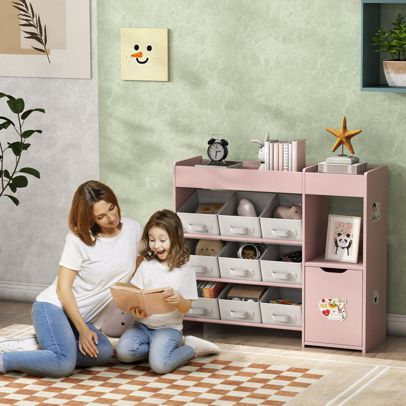 Mother and daughter reading on a rug beside the toy storage unit in a nursery