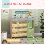 Labelled view of the unit's storage shelves, fabric boxes and closed cabinet
