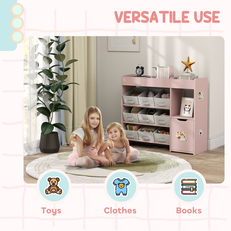Versatile use panel with two children on a round rug and icons for toys, clothes and books
