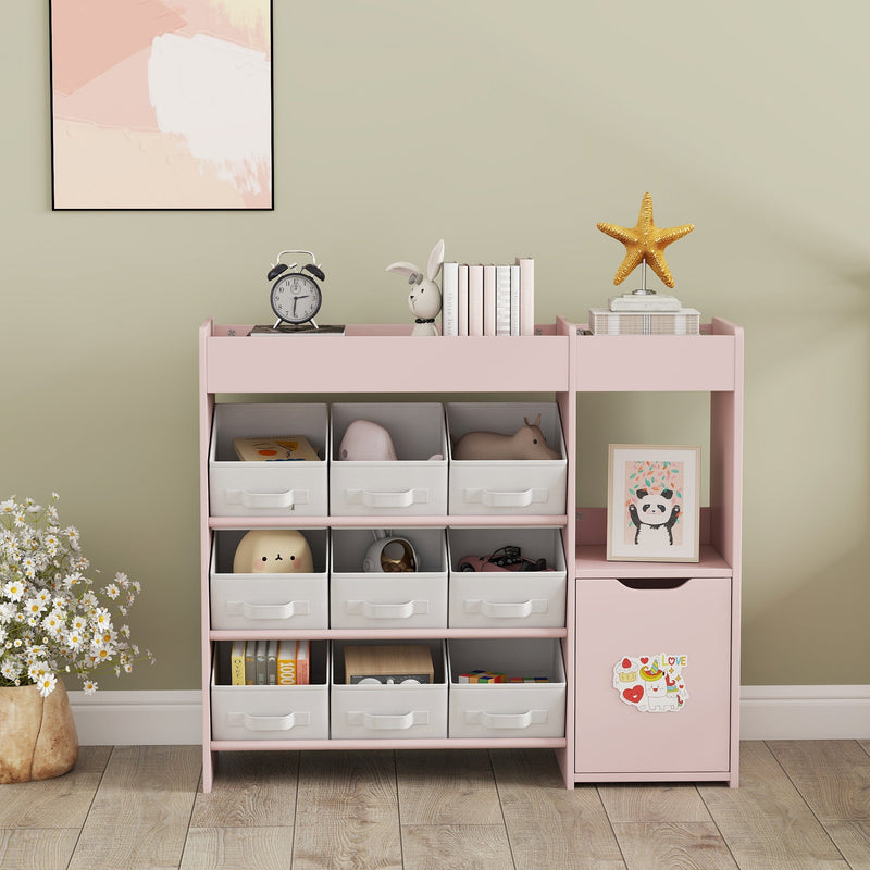 Front view of the toy storage unit styled with books, a clock and soft toys