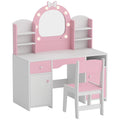 Aiyaplay pink and white kids vanity set with LED mirror, three-quarter view
