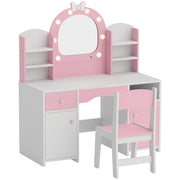 Aiyaplay pink and white kids vanity set with LED mirror, three-quarter view