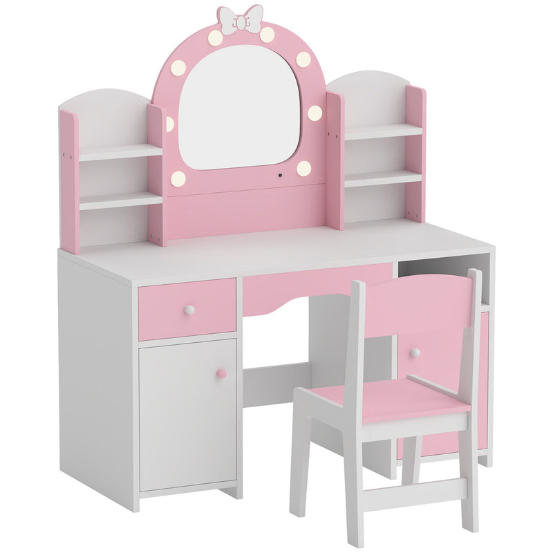 Aiyaplay pink and white kids vanity set with LED mirror, three-quarter view
