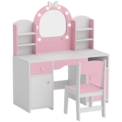 Aiyaplay pink and white kids vanity set with LED mirror, three-quarter view