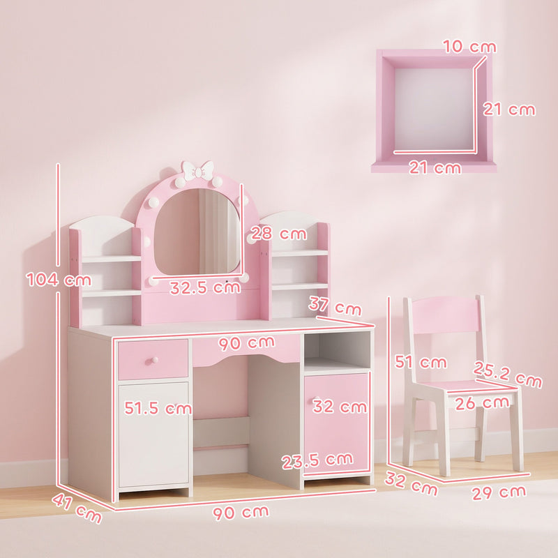 Dimension diagram of the kids vanity set showing 90 x 47 x 104 cm table and 29 x 32 x 51 cm stool