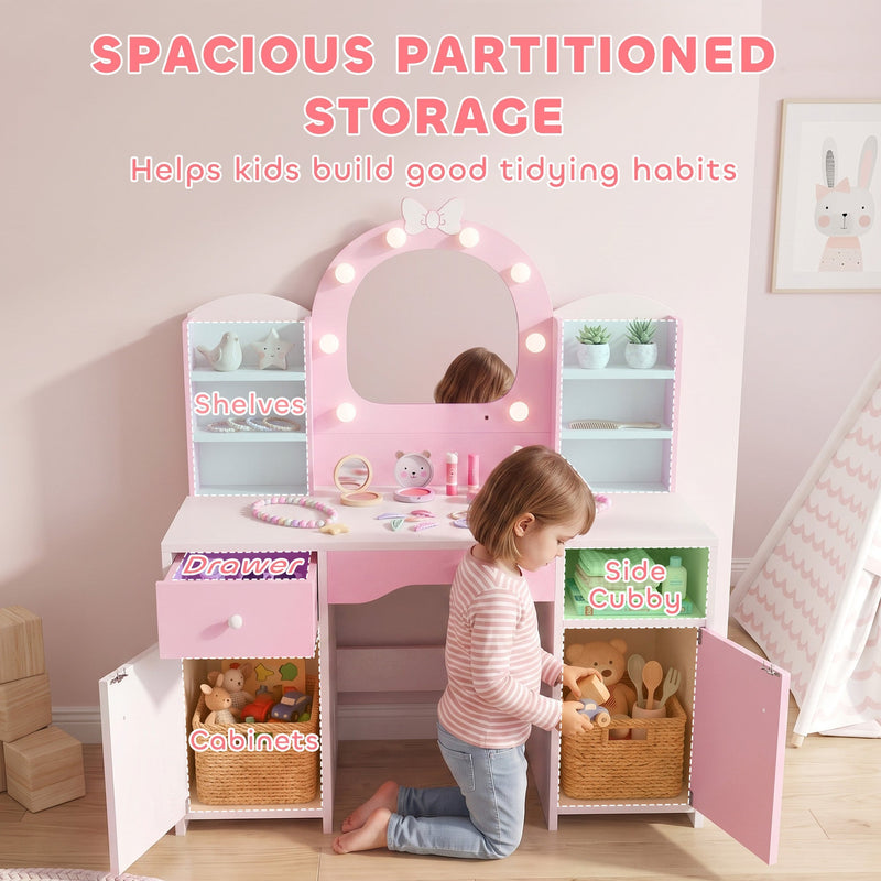 Shelves, drawer, cabinet and side cubby storage on the kids vanity set