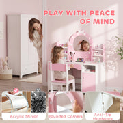 Shatter-resistant acrylic mirror, rounded corners and anti-tip hardware on the kids vanity set