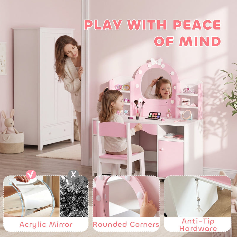 Shatter-resistant acrylic mirror, rounded corners and anti-tip hardware on the kids vanity set