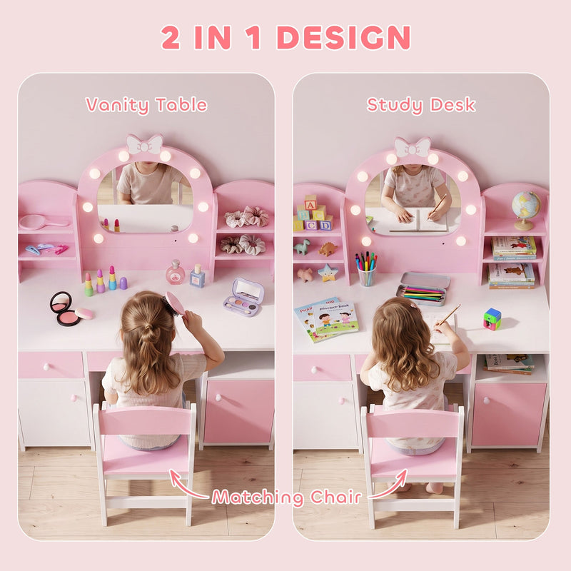 Kids vanity table doubling as a study desk with matching chair