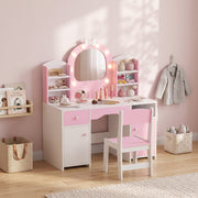 Pink kids vanity set styled in a bedroom corner