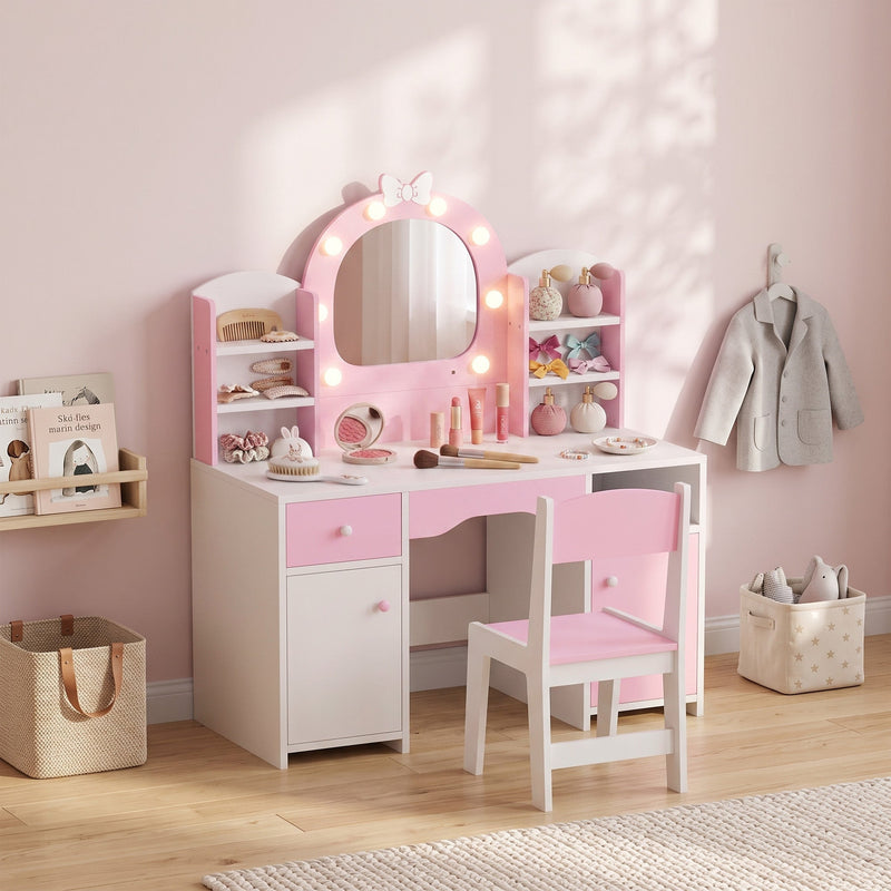 Pink kids vanity set styled in a bedroom corner