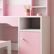 Close-up of the kids vanity set's cabinet and pen holder storage