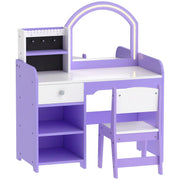 Aiyaplay purple and white kids vanity set with LED mirror, three-quarter view