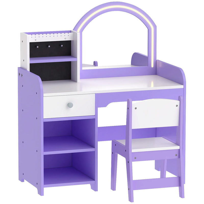 Aiyaplay purple and white kids vanity set with LED mirror, three-quarter view